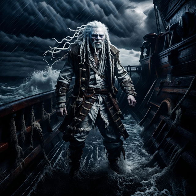 Albino pirate with white dreads strutting on ship deck amidst stormy sea, illuminated by cold blue light