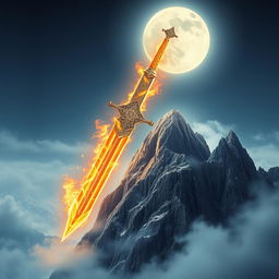 A legendary scene featuring the divine Sword of Heaven, the great Vietnamese sword, magnificently plunged into a rugged mountain peak