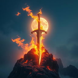 An awe-inspiring depiction of the divine Sword of Heaven, the legendary great Vietnamese sword, beautifully embedded into a rugged mountain peak