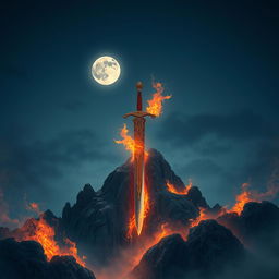 An awe-inspiring depiction of the divine Sword of Heaven, the legendary great Vietnamese sword, beautifully embedded into a rugged mountain peak