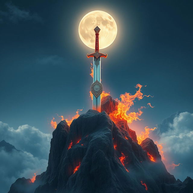 An awe-inspiring depiction of the divine Sword of Heaven, the legendary great Vietnamese sword, beautifully embedded into a rugged mountain peak