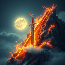 An awe-inspiring depiction of the divine Sword of Heaven, the legendary great Vietnamese sword, beautifully embedded into a rugged mountain peak
