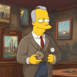 Jacob Rothschild as a Simpsons character, with exaggerated features, holding an antique pocket watch