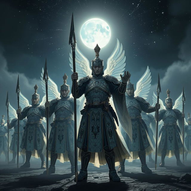 A captivating scene showcasing divine soldiers, inspired by great Vietnamese generals, standing resolutely in the dark of night