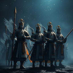 A captivating scene showcasing divine soldiers, inspired by great Vietnamese generals, standing resolutely in the dark of night