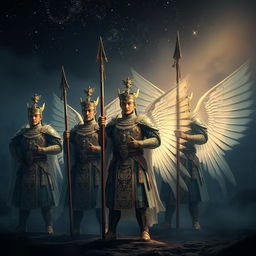 A captivating scene showcasing divine soldiers, inspired by great Vietnamese generals, standing resolutely in the dark of night