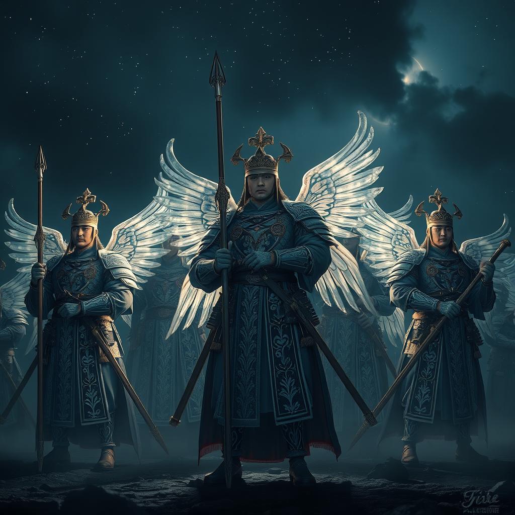 A captivating scene showcasing divine soldiers, inspired by great Vietnamese generals, standing resolutely in the dark of night