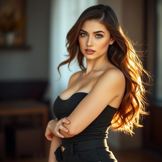 A 34-year-old Ukrainian woman, a brunette with beautiful blue eyes, standing in a full-length pose