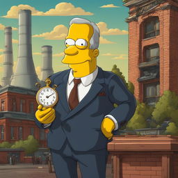 Jacob Rothschild as a Simpsons character, with exaggerated features, holding an antique pocket watch