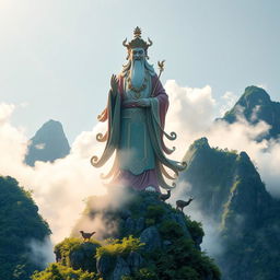 A majestic representation of the Mountain God of Vietnam, portrayed as a formidable and wise deity standing atop a verdant, mist-covered mountain
