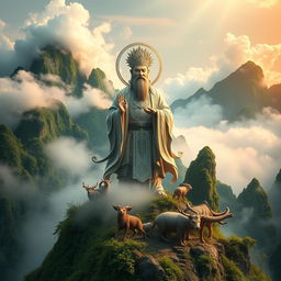 A majestic representation of the Mountain God of Vietnam, portrayed as a formidable and wise deity standing atop a verdant, mist-covered mountain