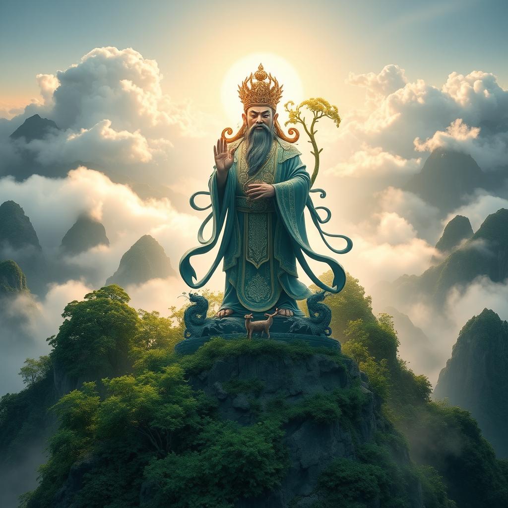 A majestic representation of the Mountain God of Vietnam, portrayed as a formidable and wise deity standing atop a verdant, mist-covered mountain