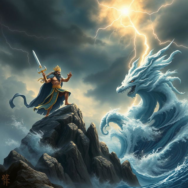 An epic confrontation between the Mountain God Son Tinh and the Sea God in a dramatic landscape