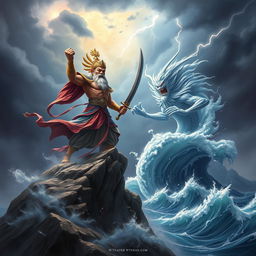 An epic confrontation between the Mountain God Son Tinh and the Sea God in a dramatic landscape
