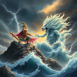 An epic confrontation between the Mountain God Son Tinh and the Sea God in a dramatic landscape