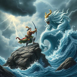 An epic confrontation between the Mountain God Son Tinh and the Sea God in a dramatic landscape