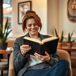 A confident woman aged 39 and over, sitting in a cozy café with an upright posture