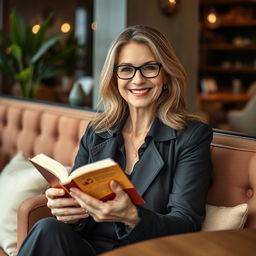A confident woman aged 39 and over, sitting in a cozy café with an upright posture