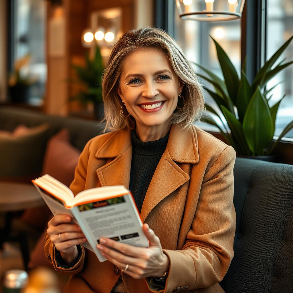 A confident woman aged 39 and over, sitting in a cozy café with an upright posture