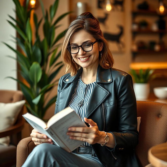 A confident woman aged 39 and over, sitting in a cozy café with an upright posture