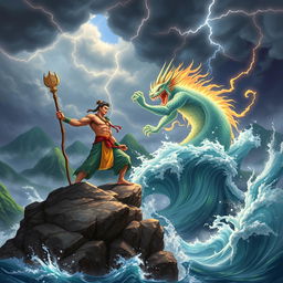An epic battle scene depicting the Mountain God Son Tinh of Vietnam clashing with the Sea God in a dramatic, mythical landscape