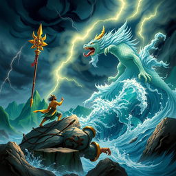 An epic battle scene depicting the Mountain God Son Tinh of Vietnam clashing with the Sea God in a dramatic, mythical landscape