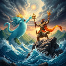 An epic battle scene depicting the Mountain God Son Tinh of Vietnam clashing with the Sea God in a dramatic, mythical landscape