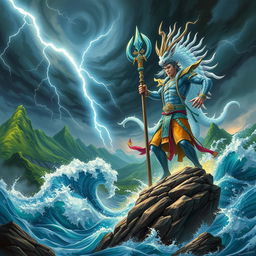 An epic battle scene depicting the Mountain God Son Tinh of Vietnam clashing with the Sea God in a dramatic, mythical landscape