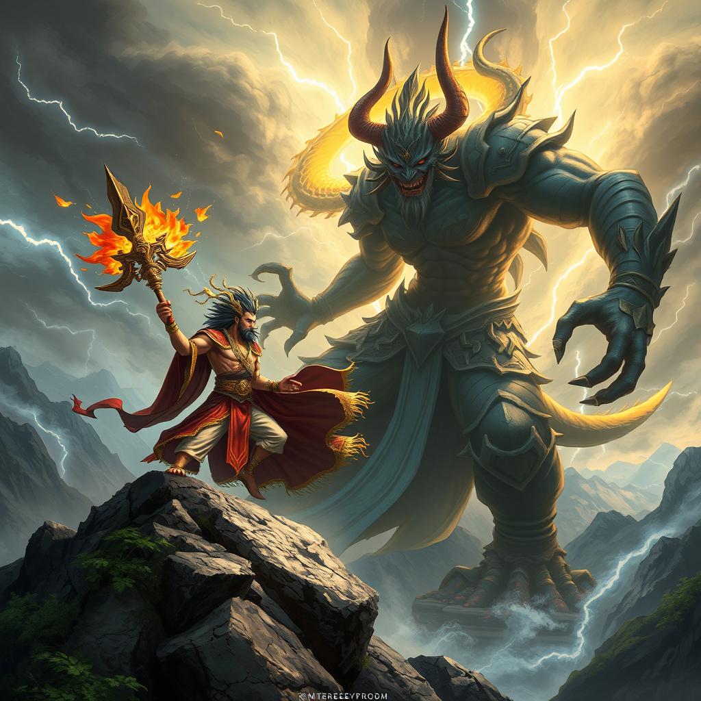 An intense battle scene depicting the Mountain God of Vietnam facing off against a fearsome Demon God in a dramatic, mythical landscape