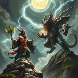 An intense battle scene depicting the Mountain God of Vietnam facing off against a fearsome Demon God in a dramatic, mythical landscape