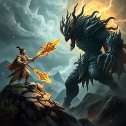 An intense battle scene depicting the Mountain God of Vietnam facing off against a fearsome Demon God in a dramatic, mythical landscape