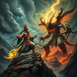 An intense battle scene depicting the Mountain God of Vietnam facing off against a fearsome Demon God in a dramatic, mythical landscape