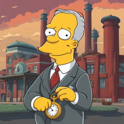 Jacob Rothschild as a Simpsons character, with exaggerated features, holding an antique pocket watch