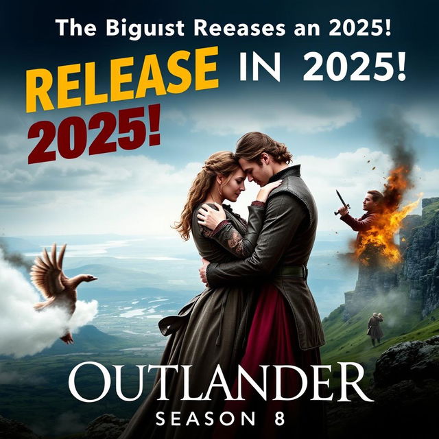 An epic promotional poster for 'OUTLANDER Season 8', emphasizing it as the biggest release of 2025