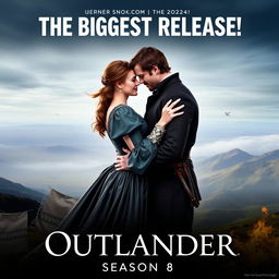 An epic promotional poster for 'OUTLANDER Season 8', emphasizing it as the biggest release of 2025