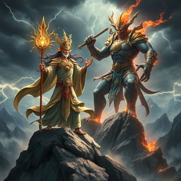 An epic scene showcasing the Mountain God of Vietnam battling a fierce Demon God in a breathtaking landscape