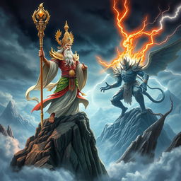 An epic scene showcasing the Mountain God of Vietnam battling a fierce Demon God in a breathtaking landscape