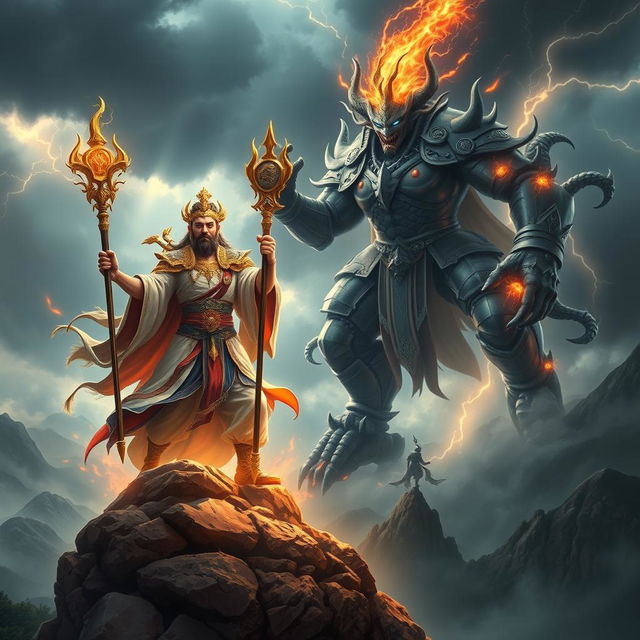 An epic scene showcasing the Mountain God of Vietnam battling a fierce Demon God in a breathtaking landscape