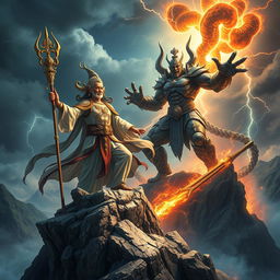 An epic scene showcasing the Mountain God of Vietnam battling a fierce Demon God in a breathtaking landscape