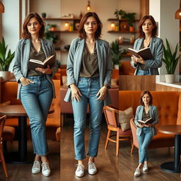 A confident woman aged 30 and over, standing elegantly in a cozy café with an upright posture