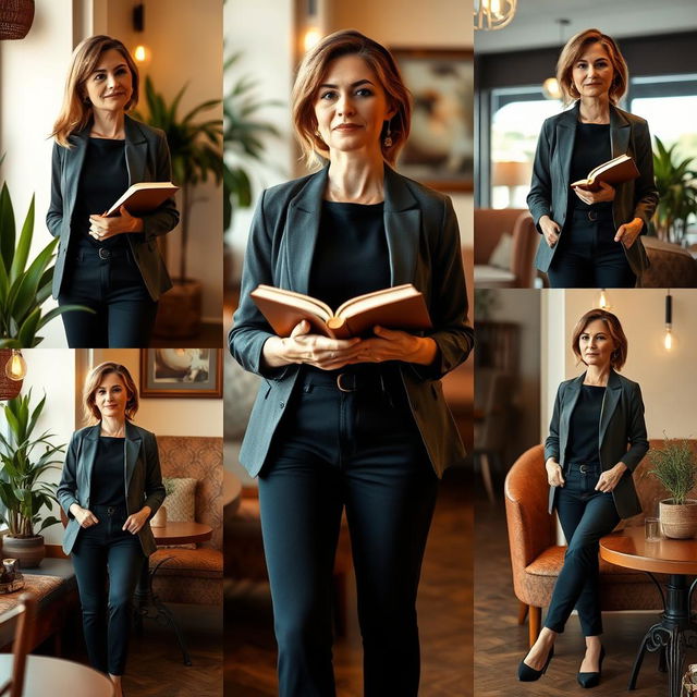 A confident woman aged 30 and over, standing elegantly in a cozy café with an upright posture