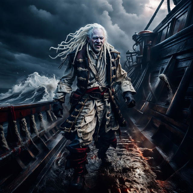 Albino pirate with white dreads strutting on ship deck amidst stormy sea, holding a blood-dripping sword, illuminated by cold blue light