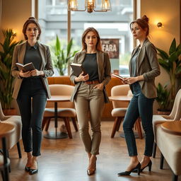 A confident woman aged 30 and over, standing elegantly in a cozy café with an upright posture