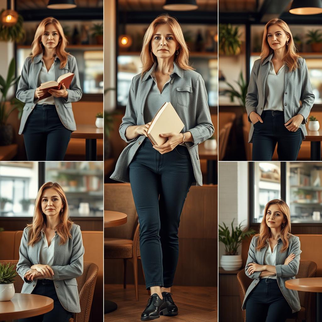 A confident woman aged 30 and over, standing elegantly in a cozy café with an upright posture