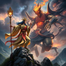 A breathtaking and dramatic scene illustrating the Mountain God of Vietnam engaged in an epic battle against a formidable Demon God