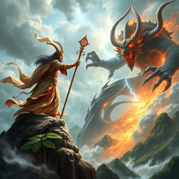 A breathtaking and dramatic scene illustrating the Mountain God of Vietnam engaged in an epic battle against a formidable Demon God