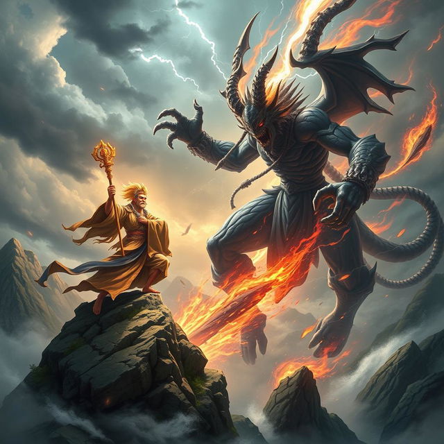 A breathtaking and dramatic scene illustrating the Mountain God of Vietnam engaged in an epic battle against a formidable Demon God