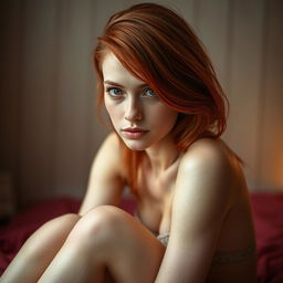 A close-up artistic representation of a thin redhead with striking features, sitting in an intimate and serene setting