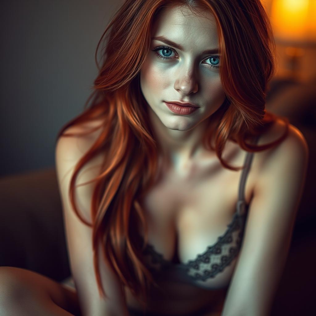 A close-up artistic representation of a thin redhead with striking features, sitting in an intimate and serene setting