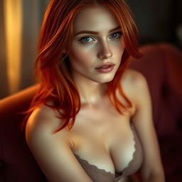 A close-up artistic representation of a thin redhead with striking features, sitting in an intimate and serene setting